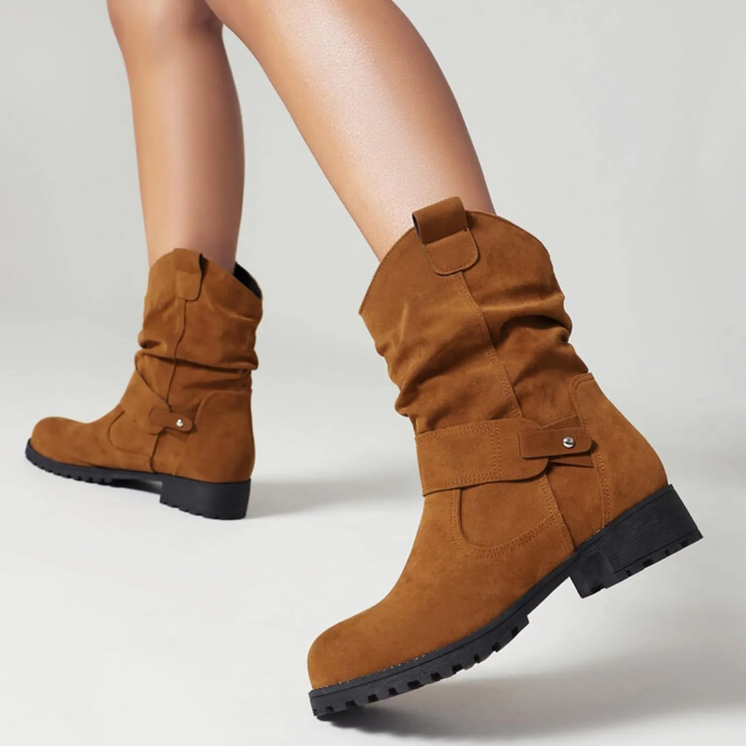 Cathalem Combat Boots for Women Western Round Toe Suede Wide Width Flat Womens Boots Mid Calf Winter Boots for Women