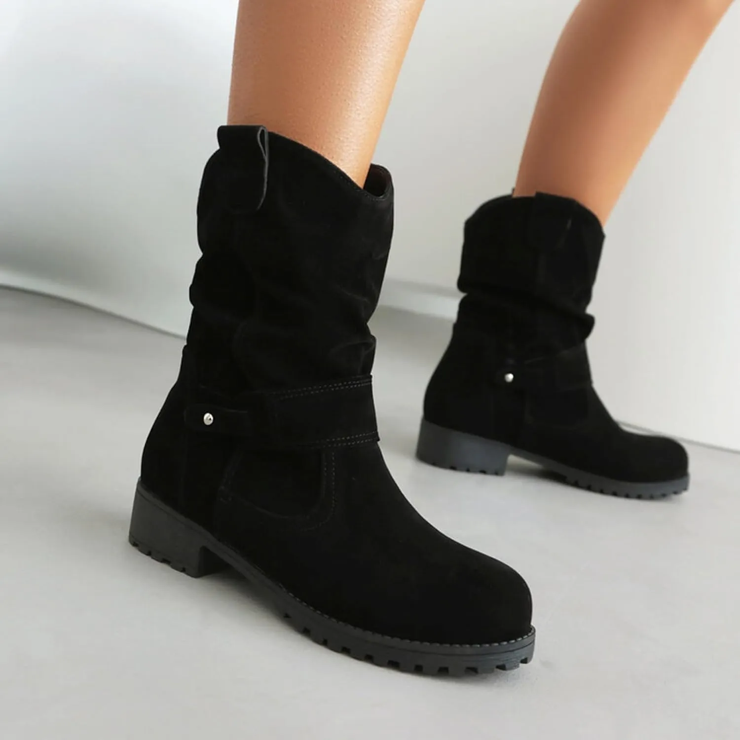 Cathalem Mid Calf Boots for Women 2024 New Pull On Round Toe Fall and Winter Fashion Comfortable Boots Motorcycle Boots Women