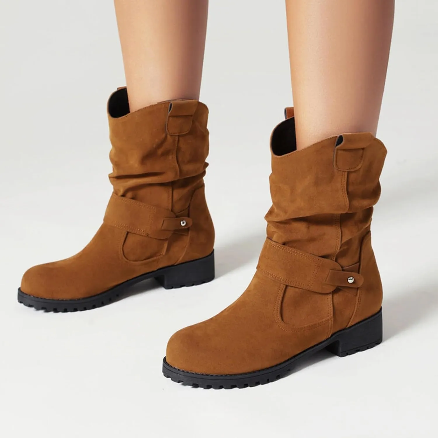 Cathalem Mid Calf Boots for Women 2024 New Pull On Round Toe Fall and Winter Fashion Comfortable Boots Motorcycle Boots Women