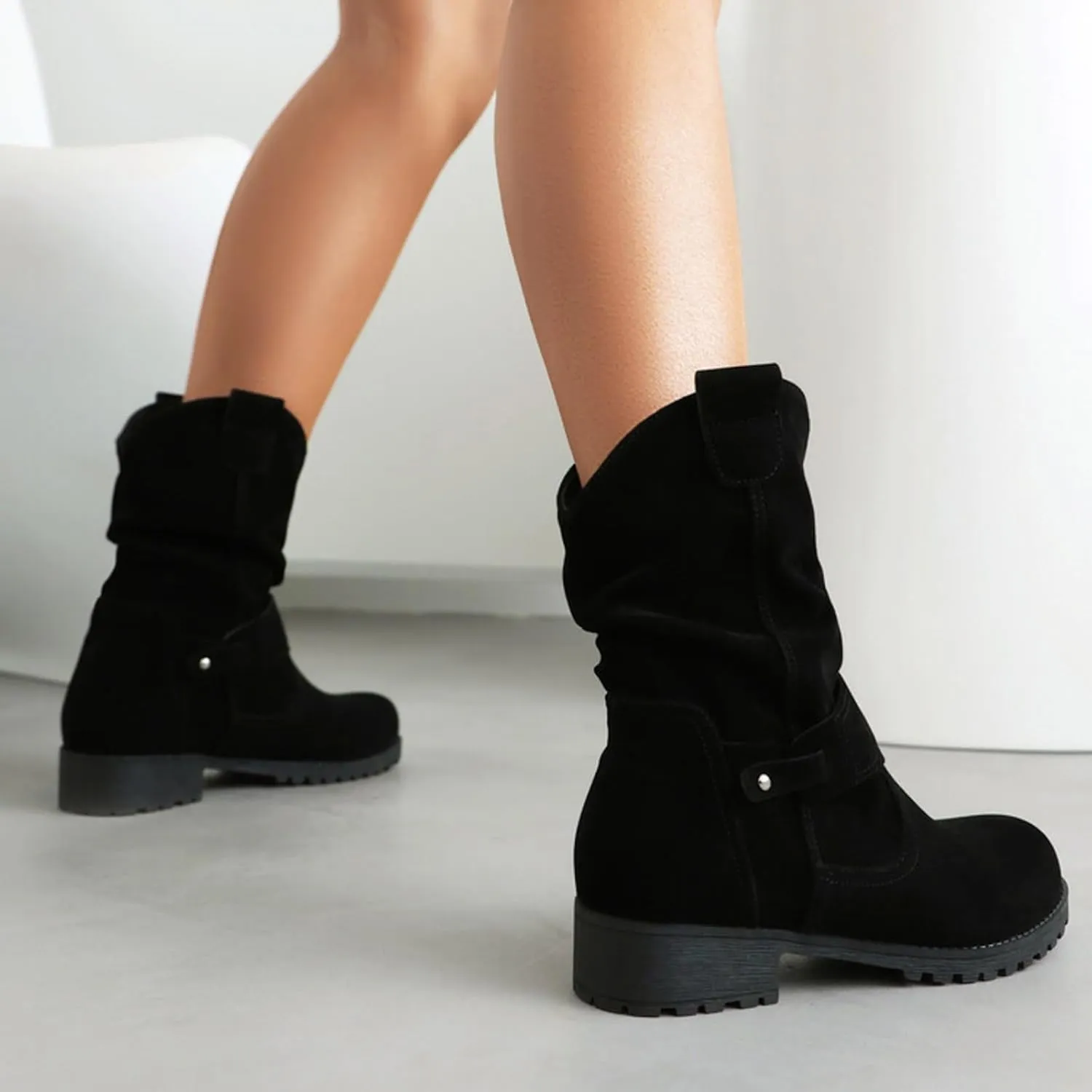 Cathalem Mid Calf Boots for Women 2024 New Pull On Round Toe Fall and Winter Fashion Comfortable Boots Motorcycle Boots Women