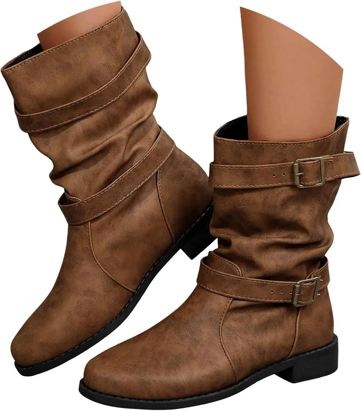 Cathalem Mid Calf Boots for Women Casual Suede Boots Leather Winter Boots for Women Round Toe Boots with Side Zipper