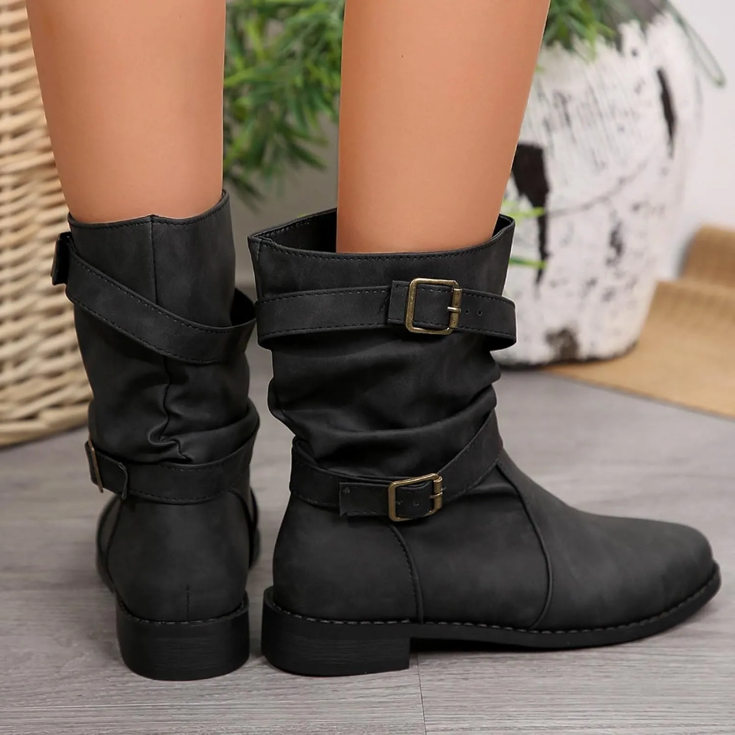 Cathalem Mid Calf Boots for Women Casual Suede Boots Leather Winter Boots for Women Round Toe Boots with Side Zipper