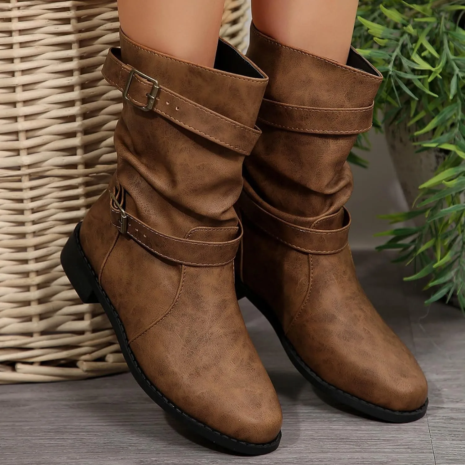 Cathalem Mid Calf Boots for Women Casual Suede Boots Leather Winter Boots for Women Round Toe Boots with Side Zipper