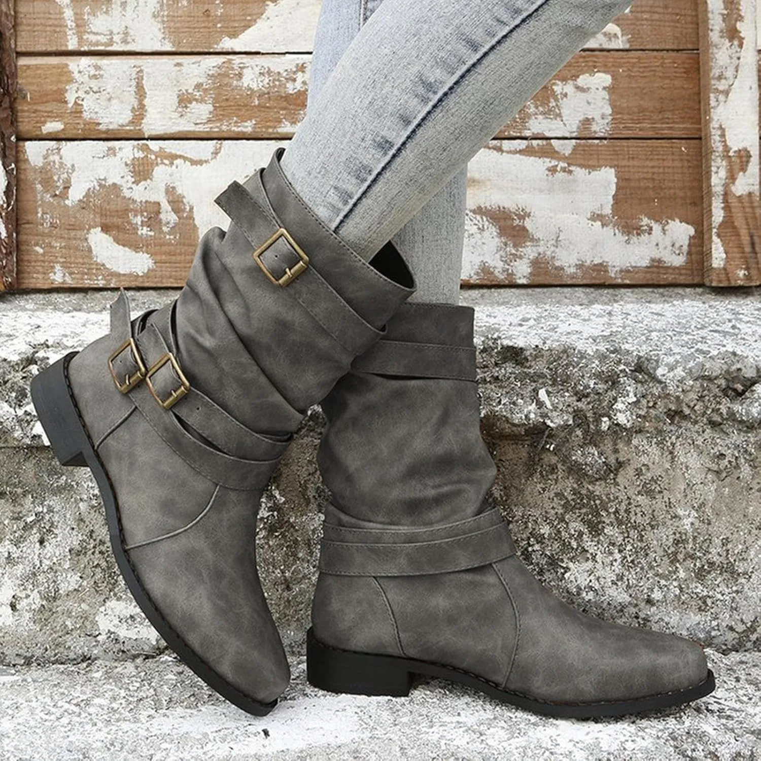 Cathalem Mid Calf Boots for Women, Women's Ankle Bootie Fall Booties Winter Lace up Mid Calf Military Combat Boots