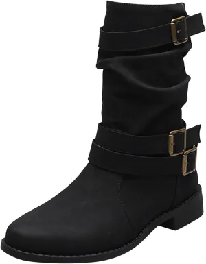 Cathalem Women's Mid Calf Boot Round Toe Low Heel Comfort Bootie with Side Zipper Buckle Strap Motorcycle Riding Boots