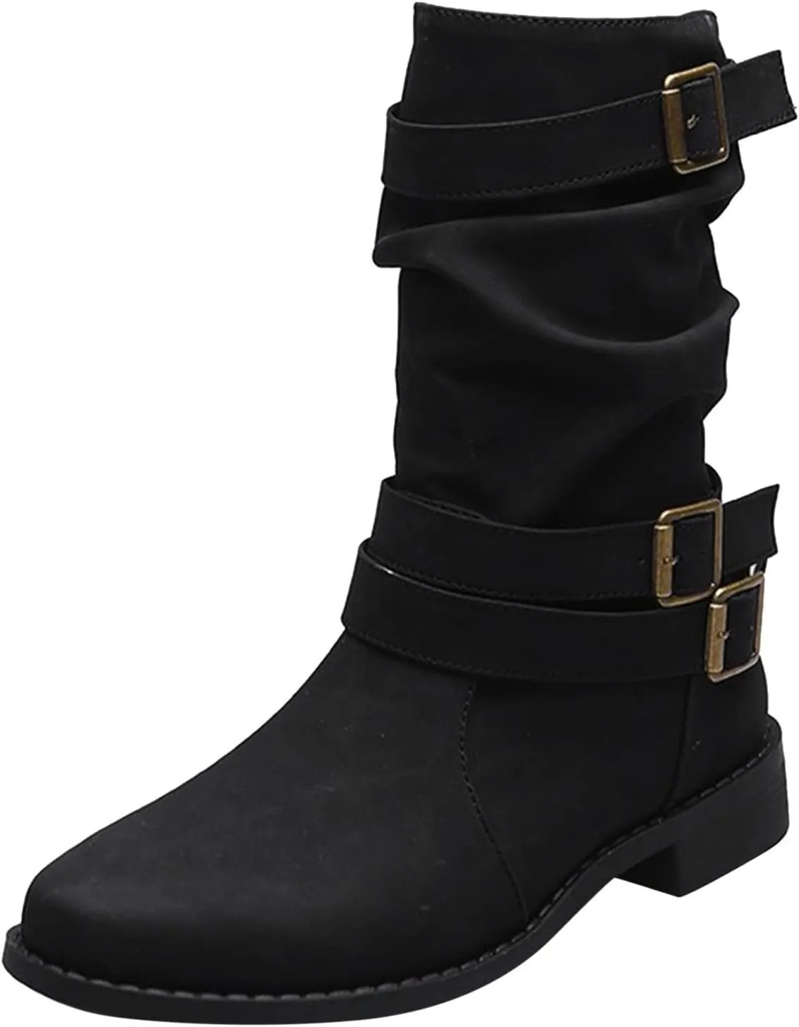 Cathalem Women's Mid Calf Boot Round Toe Low Heel Comfort Bootie with Side Zipper Buckle Strap Motorcycle Riding Boots