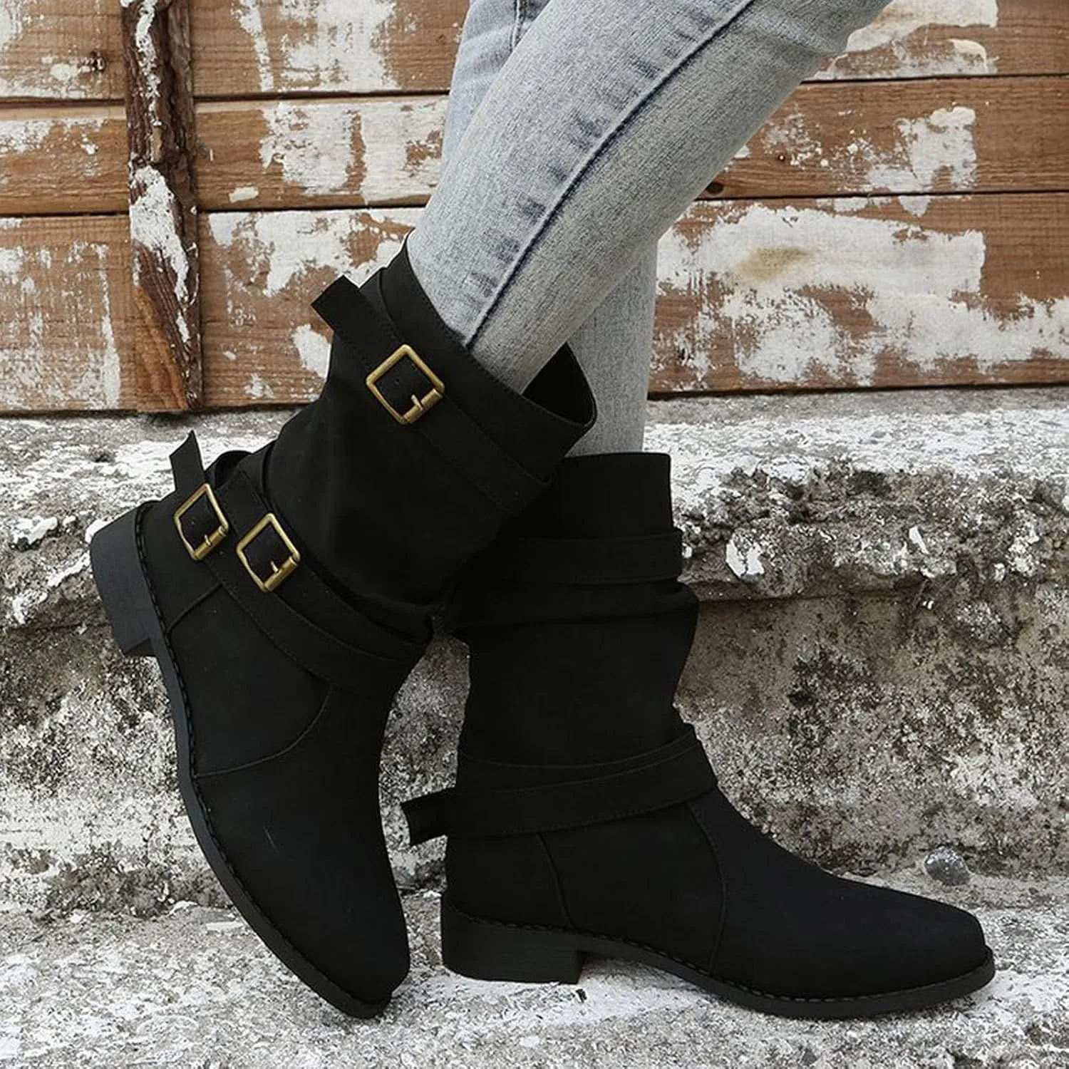 Cathalem Women's Mid Calf Boot Round Toe Low Heel Comfort Bootie with Side Zipper Buckle Strap Motorcycle Riding Boots