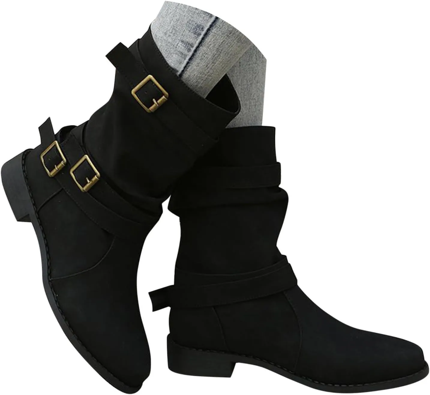 Cathalem Women's Mid Calf Boot Round Toe Low Heel Comfort Bootie with Side Zipper Buckle Strap Motorcycle Riding Boots
