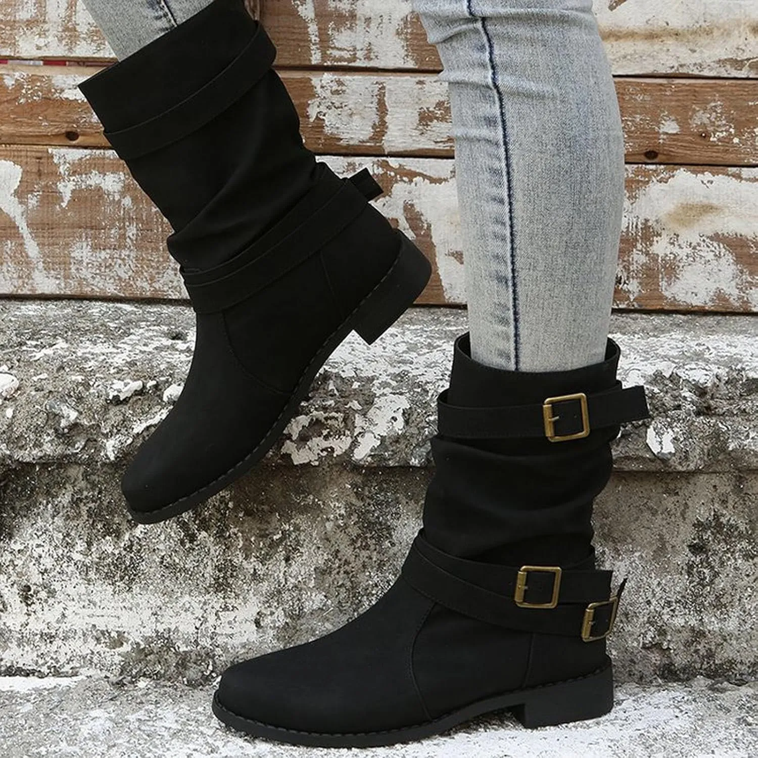 Cathalem Women's Mid Calf Boot Round Toe Low Heel Comfort Bootie with Side Zipper Buckle Strap Motorcycle Riding Boots