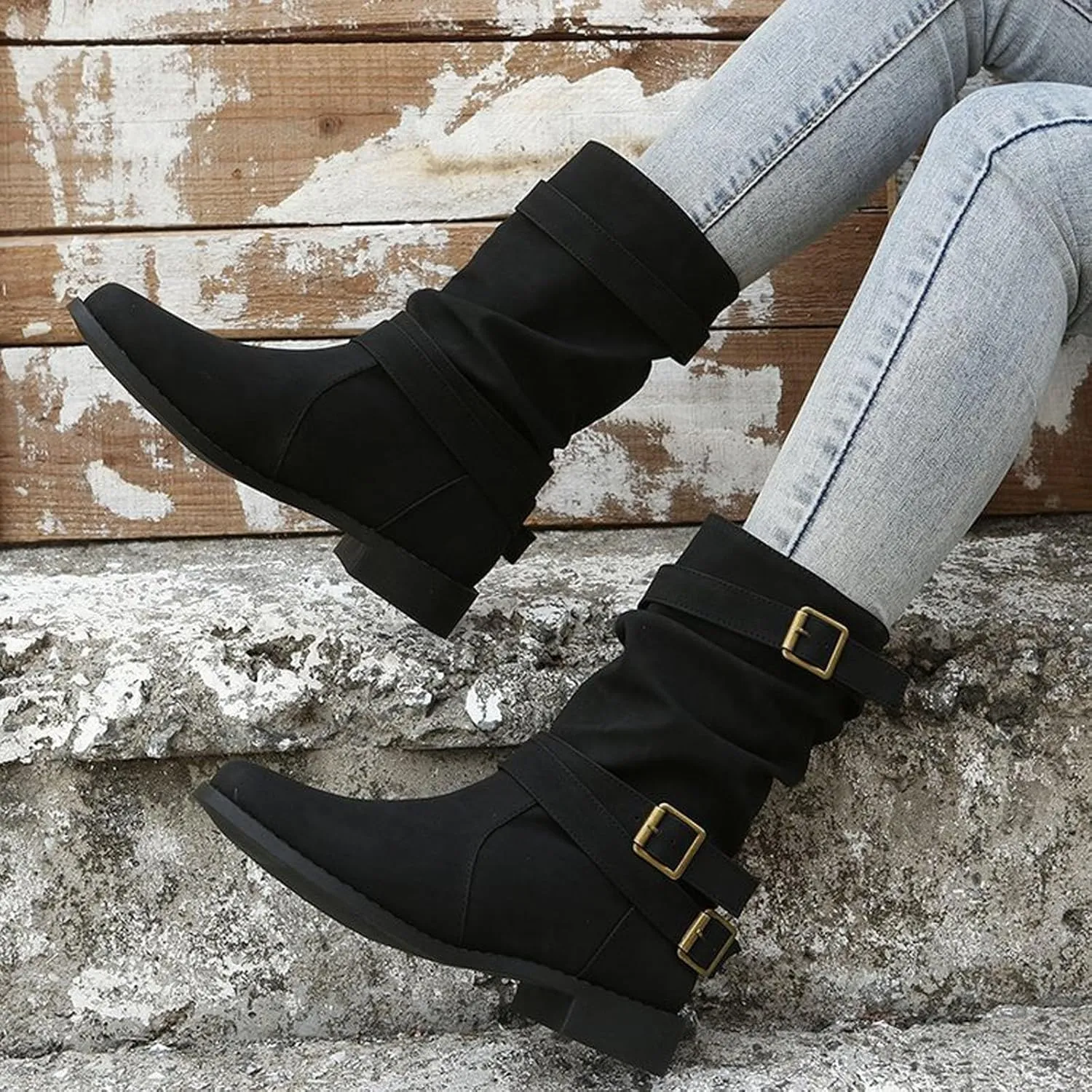 Cathalem Women's Mid Calf Boot Round Toe Low Heel Comfort Bootie with Side Zipper Buckle Strap Motorcycle Riding Boots