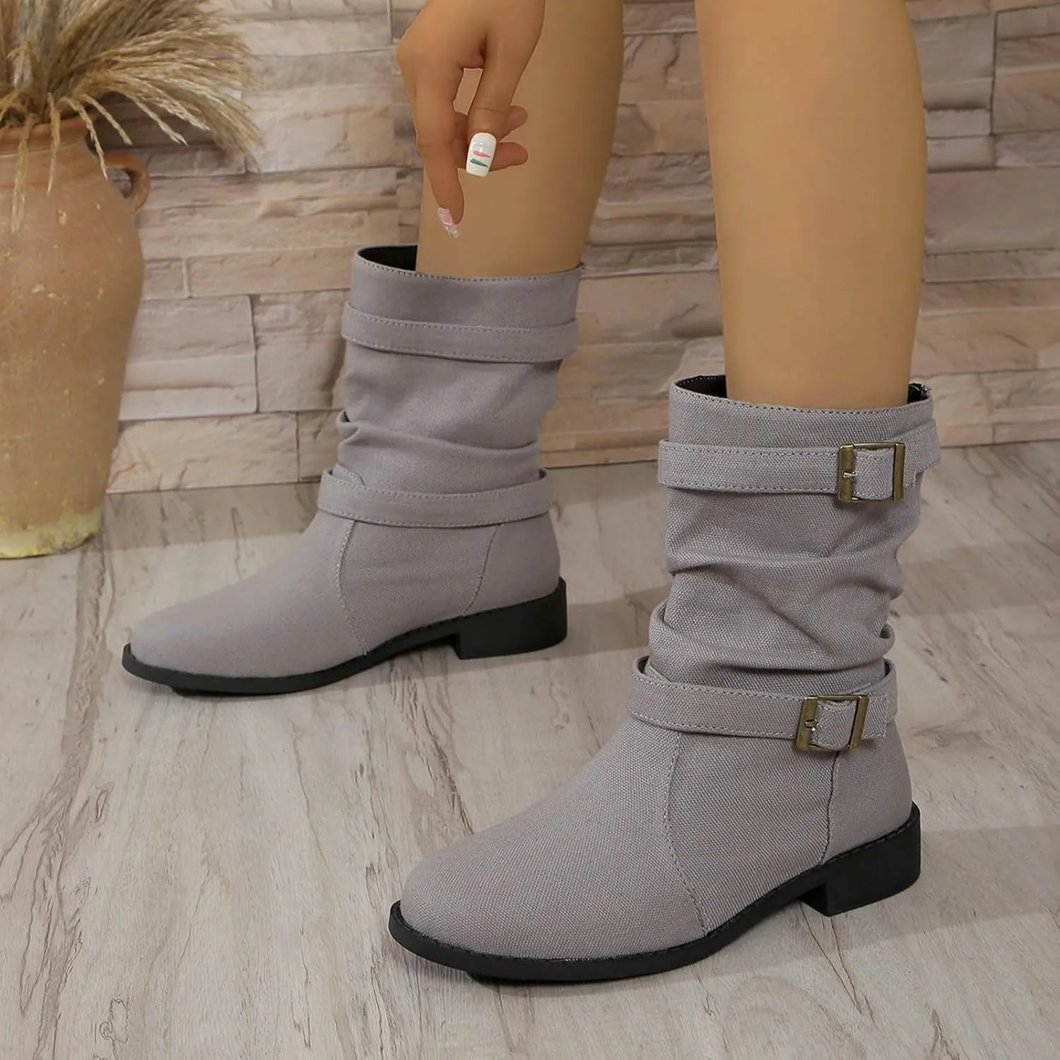 Cathalem Womens Mid Calf Boots Round Toe Low Heel Comfort Booties Buckle Strap Motorcycle Boots Women Riding Boots