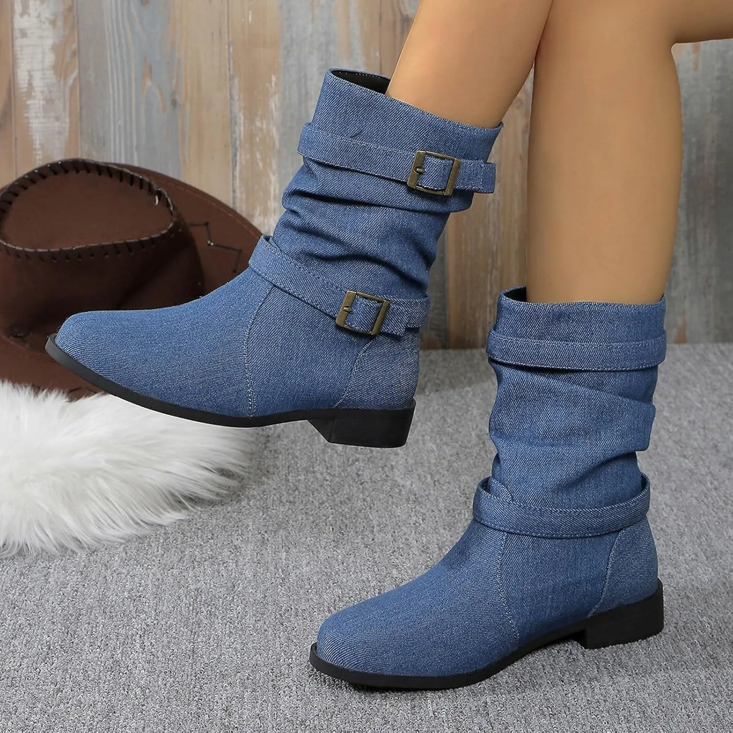 Cathalem Womens Mid Calf Boots Round Toe Low Heel Comfort Booties Buckle Strap Motorcycle Boots Women Riding Boots