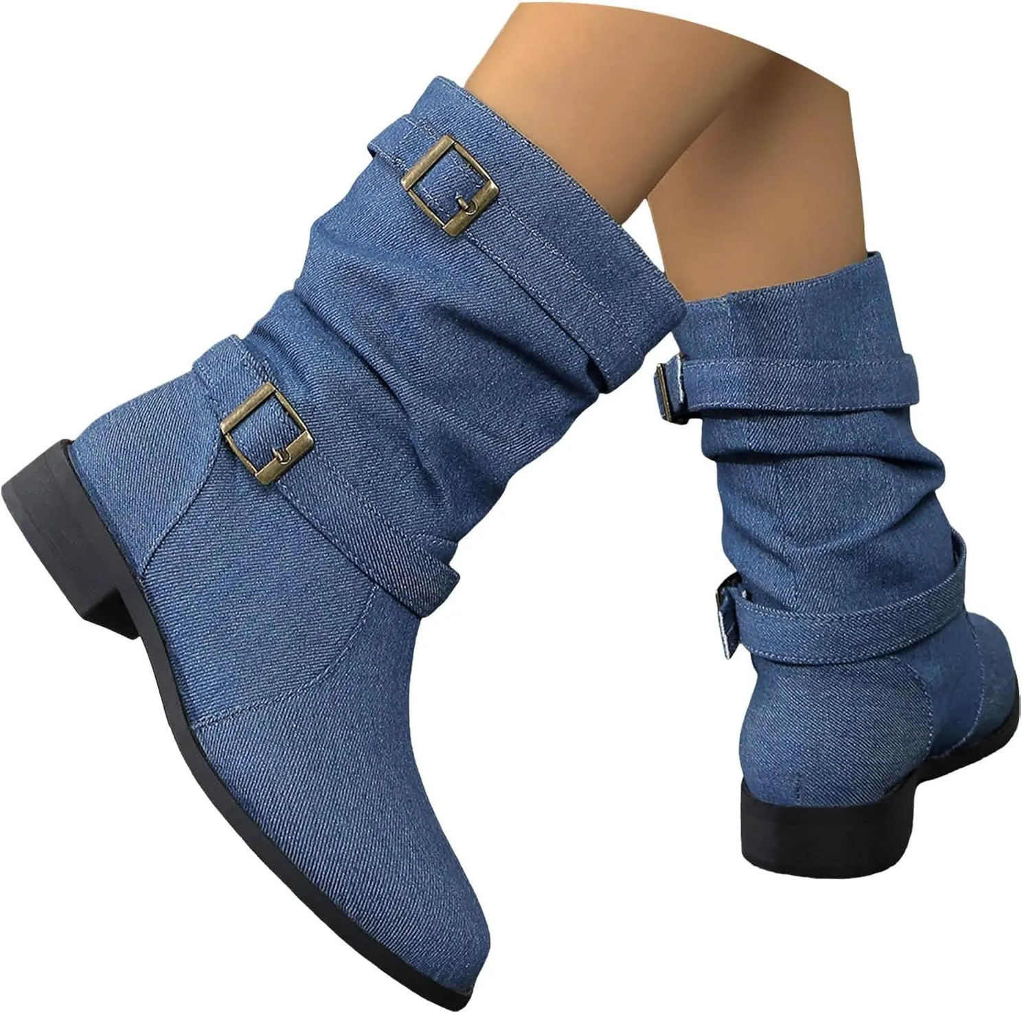 Cathalem Womens Mid Calf Boots Round Toe Low Heel Comfort Booties Buckle Strap Motorcycle Boots Women Riding Boots