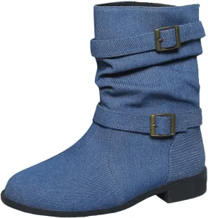 Cathalem Womens Mid Calf Boots Round Toe Low Heel Comfort Booties Buckle Strap Motorcycle Boots Women Riding Boots