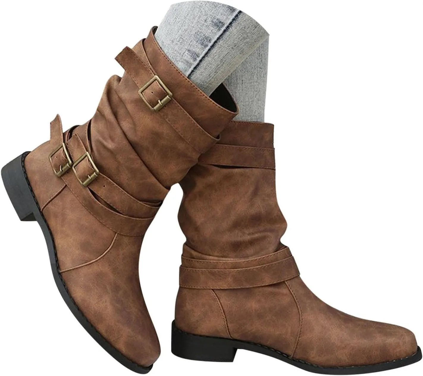 Cathalem Womens Mid Calf Boots Round Toe Low Heel Comfort Booties Buckle Strap Motorcycle Boots Women Riding Boots