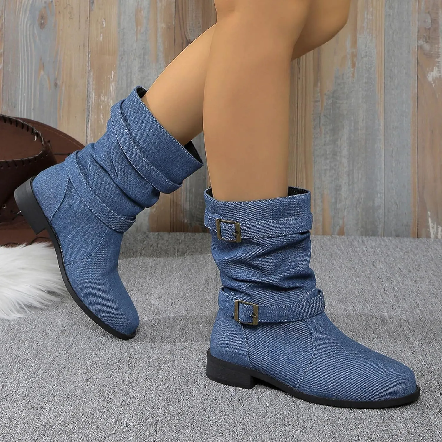 Cathalem Womens Mid Calf Boots Round Toe Low Heel Comfort Booties Buckle Strap Motorcycle Boots Women Riding Boots