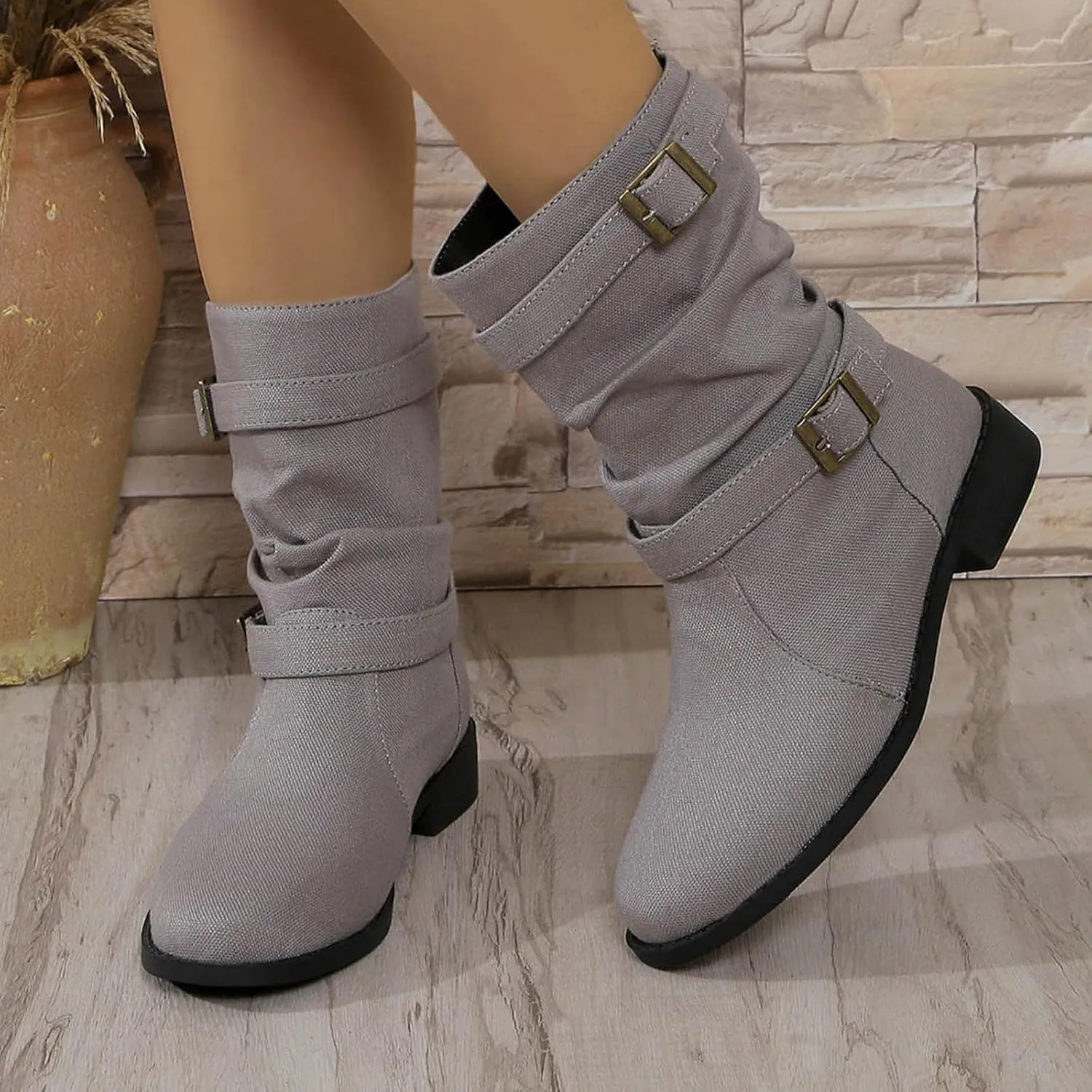 Cathalem Womens Mid Calf Boots Round Toe Low Heel Comfort Booties Buckle Strap Motorcycle Boots Women Riding Boots
