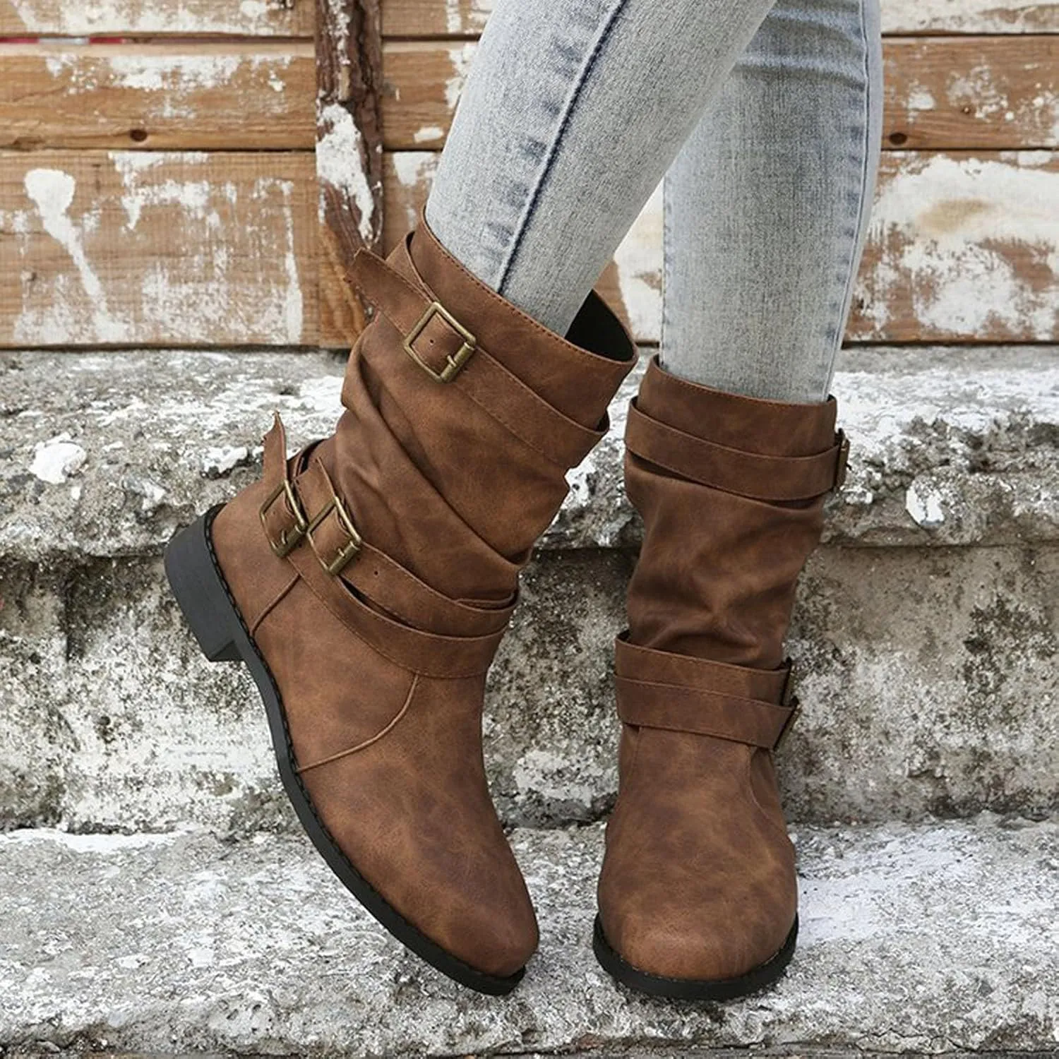 Cathalem Womens Mid Calf Boots Round Toe Low Heel Comfort Booties Buckle Strap Motorcycle Boots Women Riding Boots