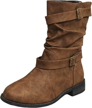 Cathalem Womens Mid Calf Boots Round Toe Low Heel Comfort Booties Buckle Strap Motorcycle Boots Women Riding Boots