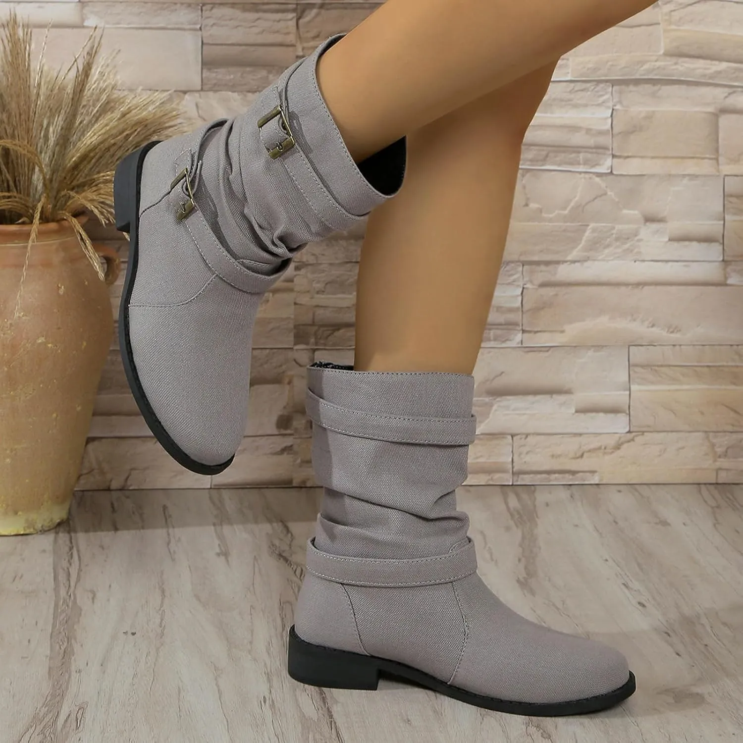Cathalem Womens Mid Calf Boots Round Toe Low Heel Comfort Booties Buckle Strap Motorcycle Boots Women Riding Boots