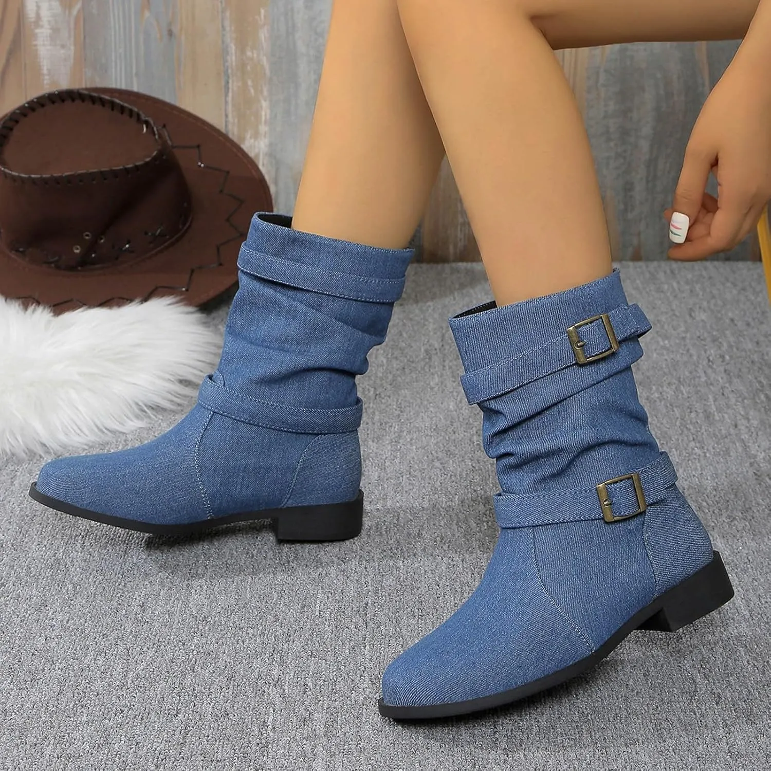 Cathalem Womens Mid Calf Boots Round Toe Low Heel Comfort Booties Buckle Strap Motorcycle Boots Women Riding Boots