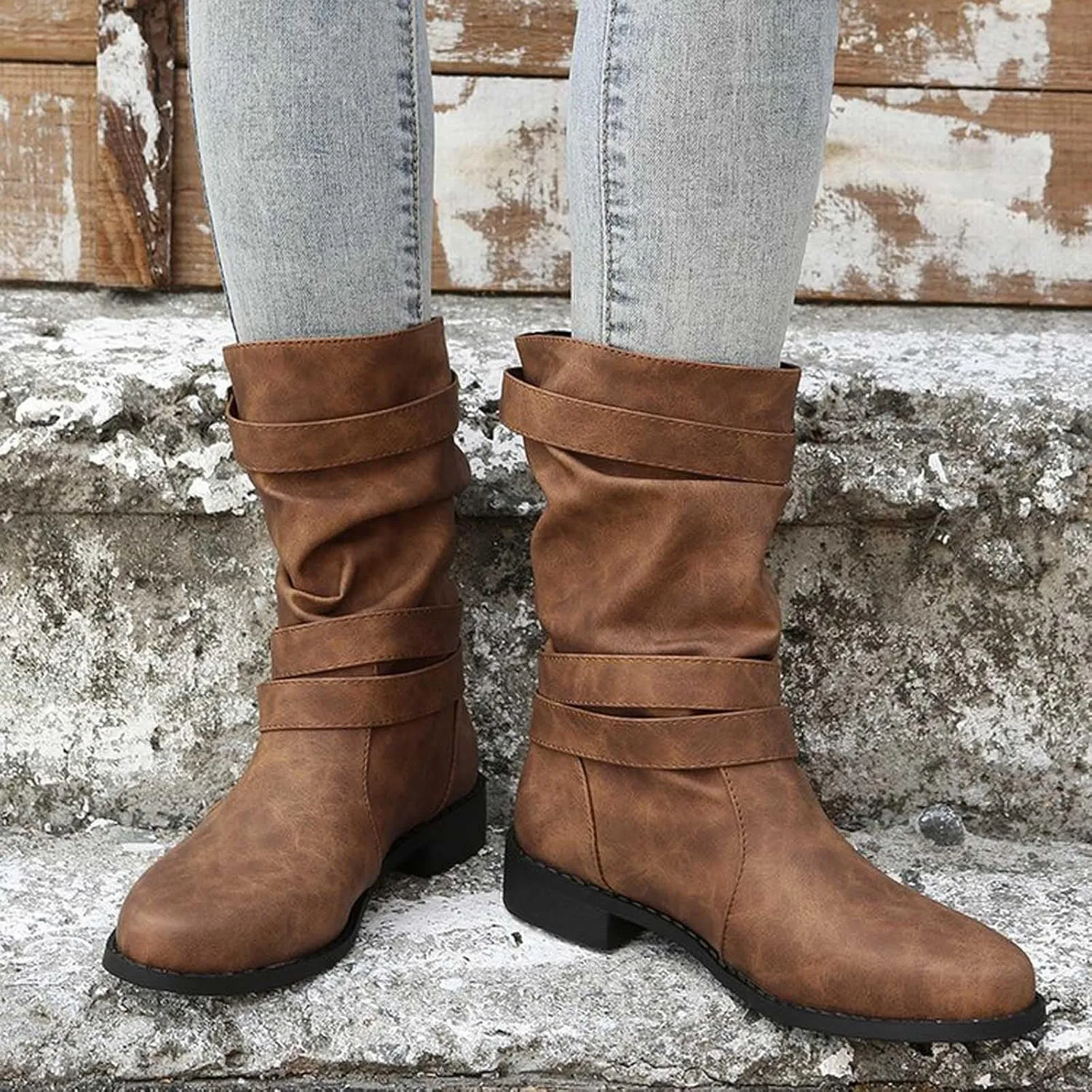 Cathalem Womens Mid Calf Boots Round Toe Low Heel Comfort Booties Buckle Strap Motorcycle Boots Women Riding Boots