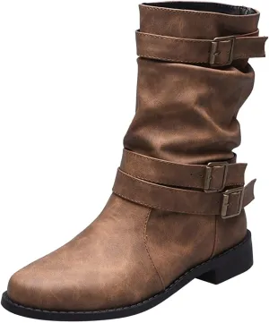 Cathalem Womens Mid Calf Boots Round Toe Low Heel Comfort Booties Buckle Strap Motorcycle Boots Women Riding Boots