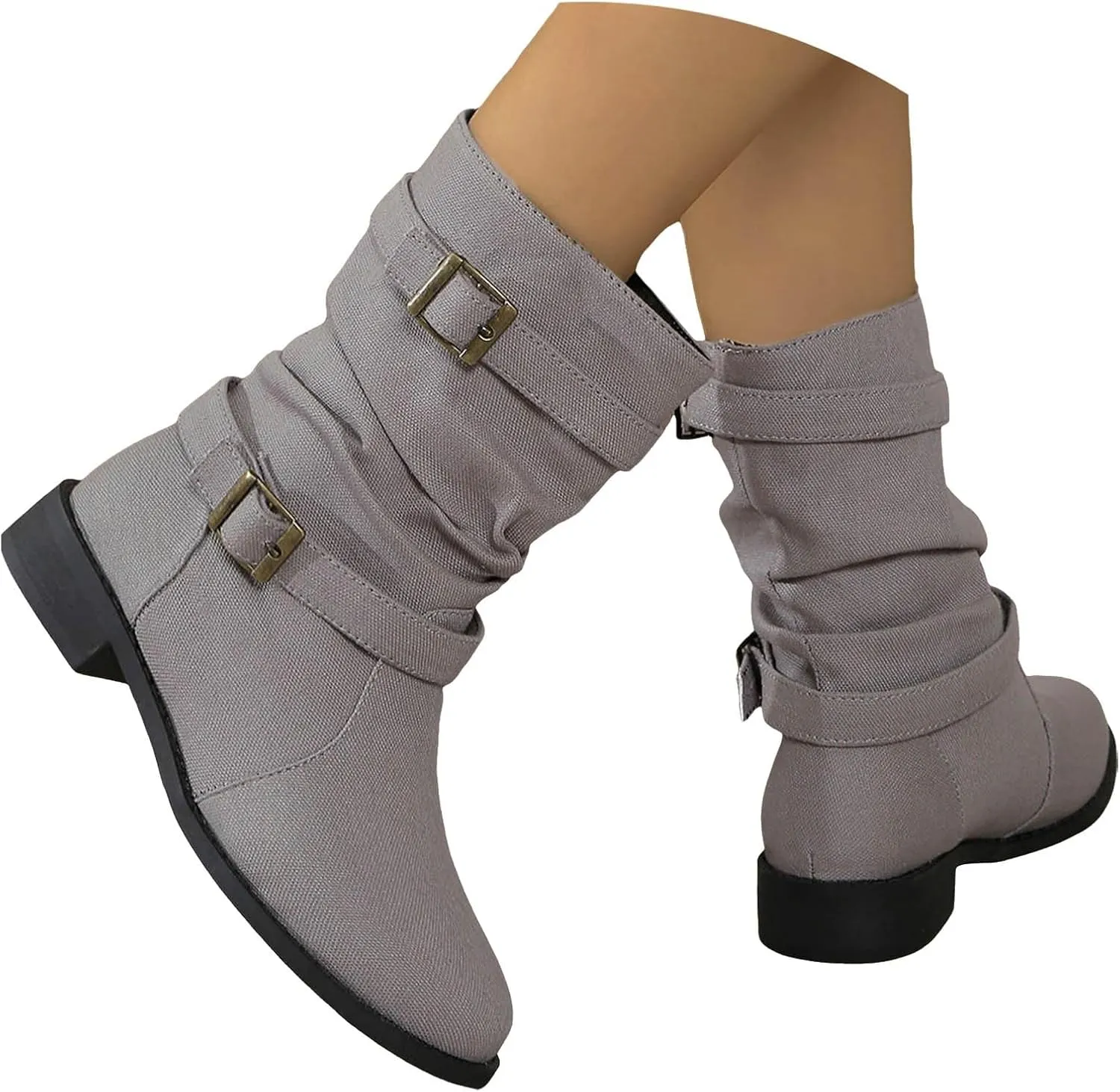 Cathalem Womens Mid Calf Boots Round Toe Low Heel Comfort Booties Buckle Strap Motorcycle Boots Women Riding Boots