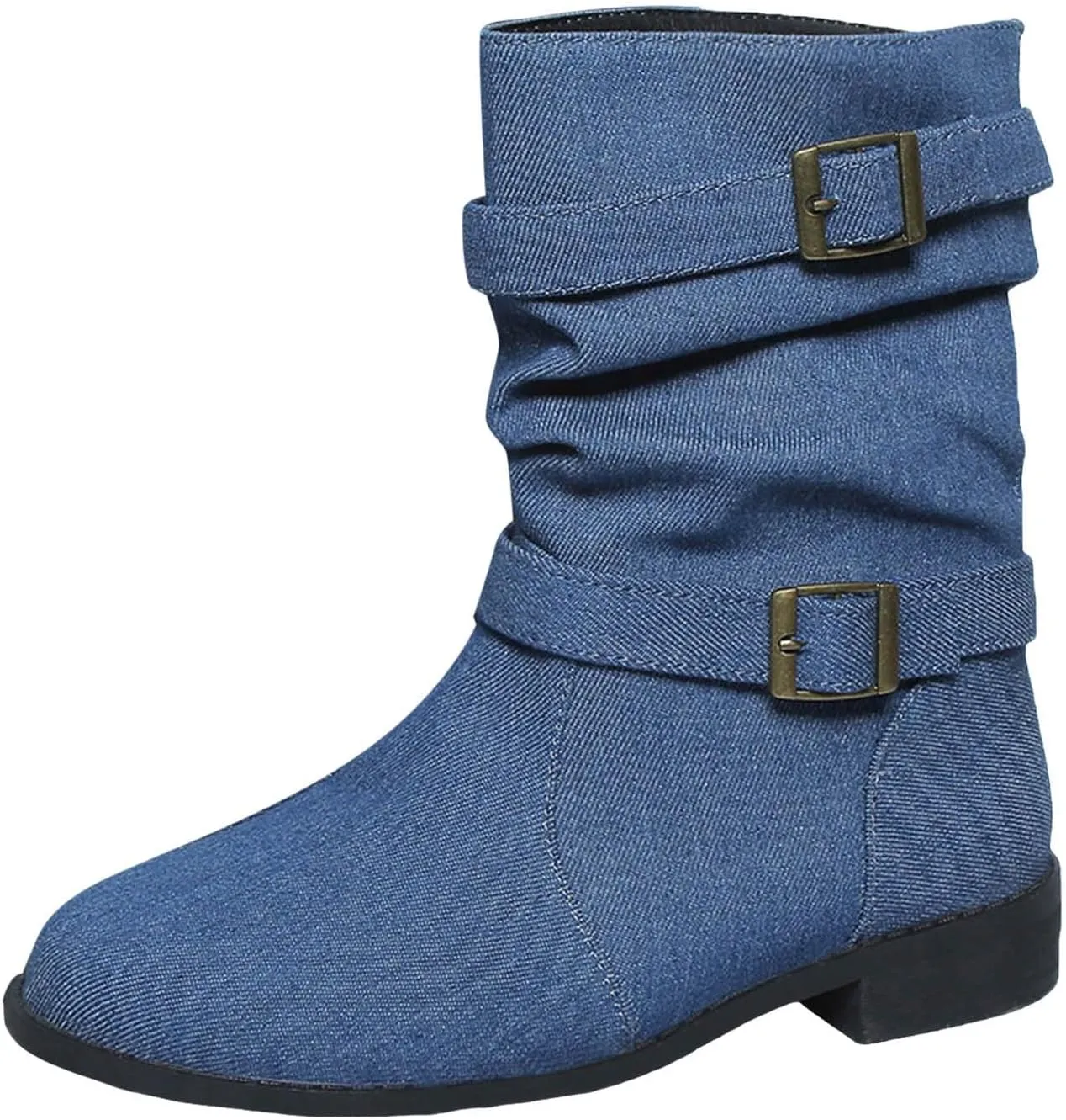 Cathalem Womens Mid Calf Boots Round Toe Low Heel Comfort Booties Buckle Strap Motorcycle Boots Women Riding Boots
