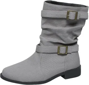 Cathalem Womens Mid Calf Boots Round Toe Low Heel Comfort Booties Buckle Strap Motorcycle Boots Women Riding Boots