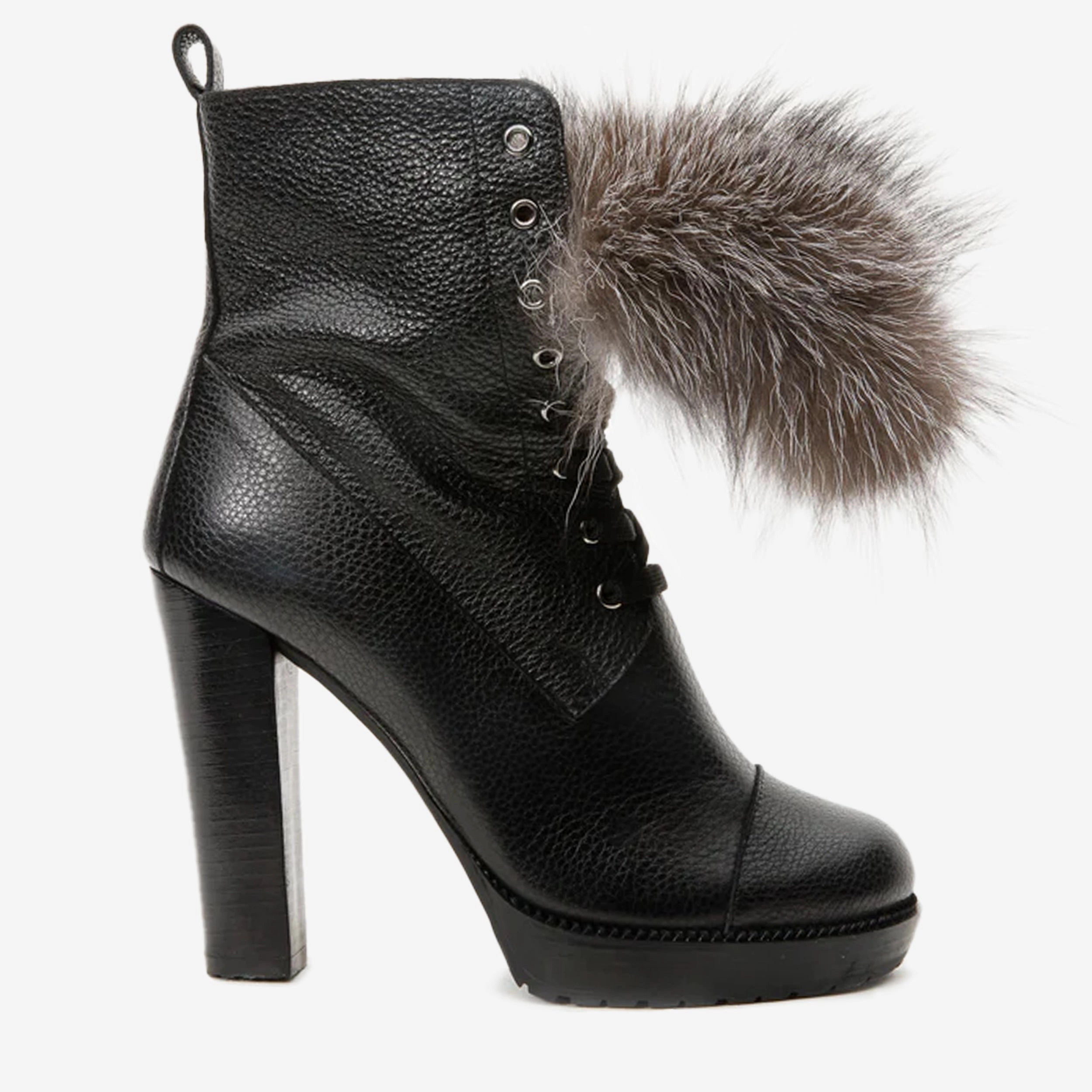 The Melo Black Leather Natural Fur Mid Calf Platform Heel Women Boot Well-fitted
