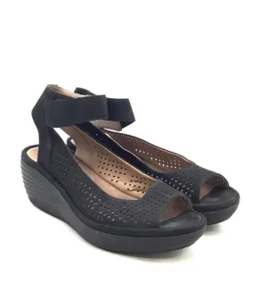 Clarks Women's Black Peep Toe Wedge Ankle Strap Heels - Size 8.5 W
