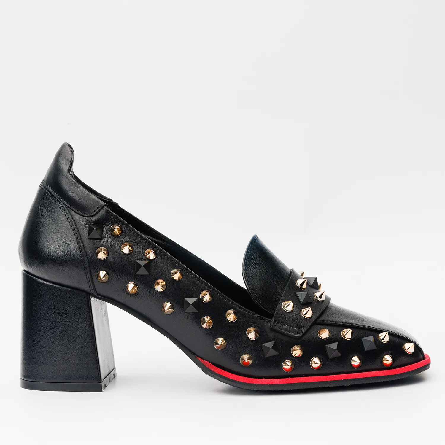 Urban Edge Show Spark The Infanta Black Spike Leather Block Heel Pump Women Shoe