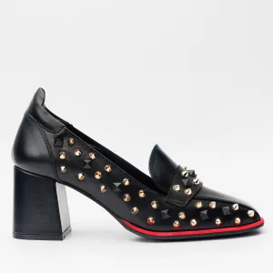 Urban Edge Show Spark The Infanta Black Spike Leather Block Heel Pump Women Shoe