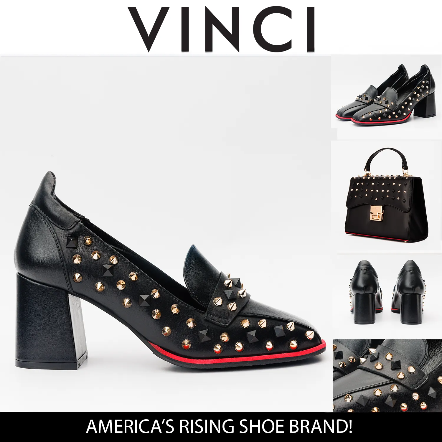 The Infanta Black Spike Leather Block Heel Pump Women Shoe Bold Spark