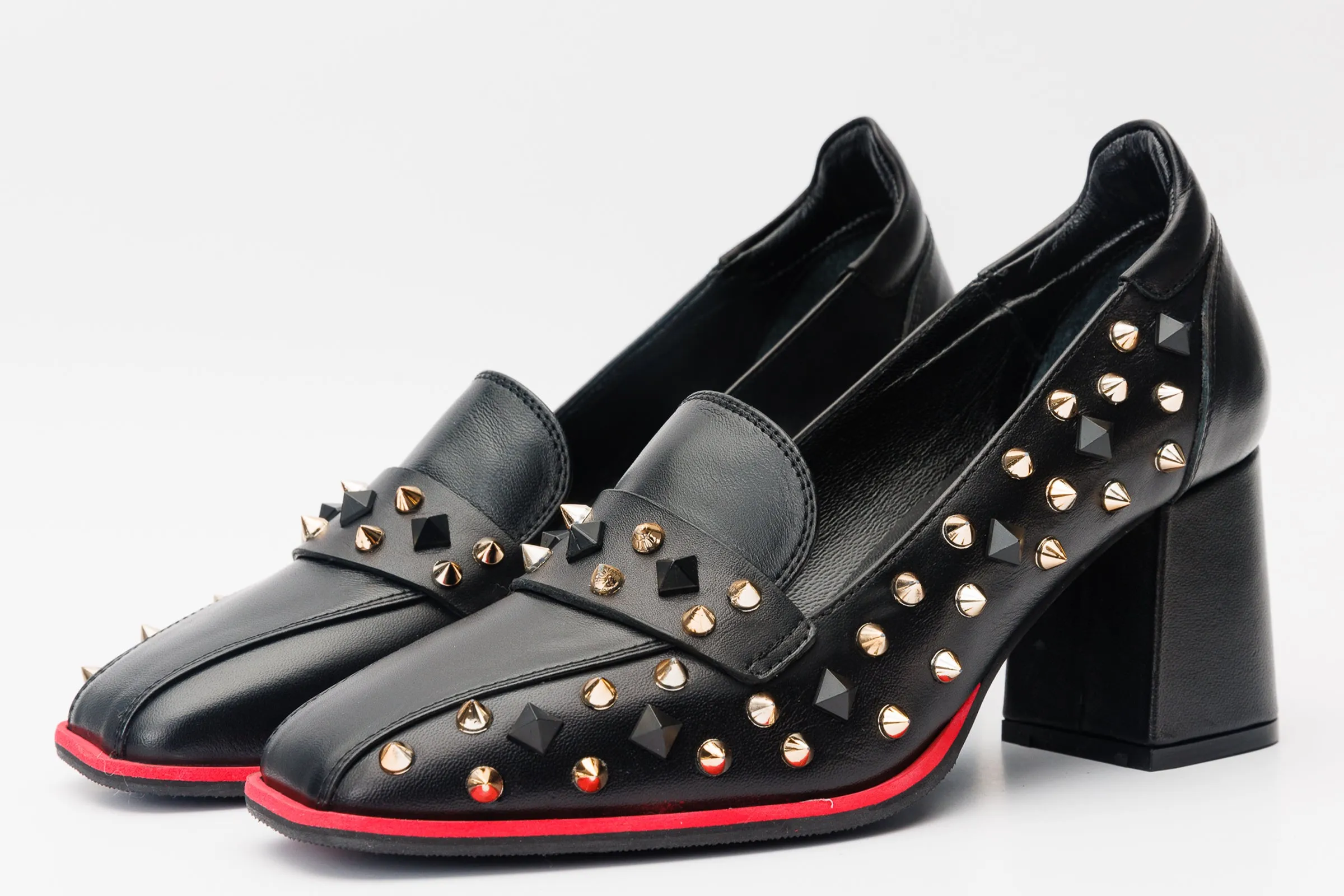 The Infanta Black Spike Leather Block Heel Pump Women Shoe Street Proof
