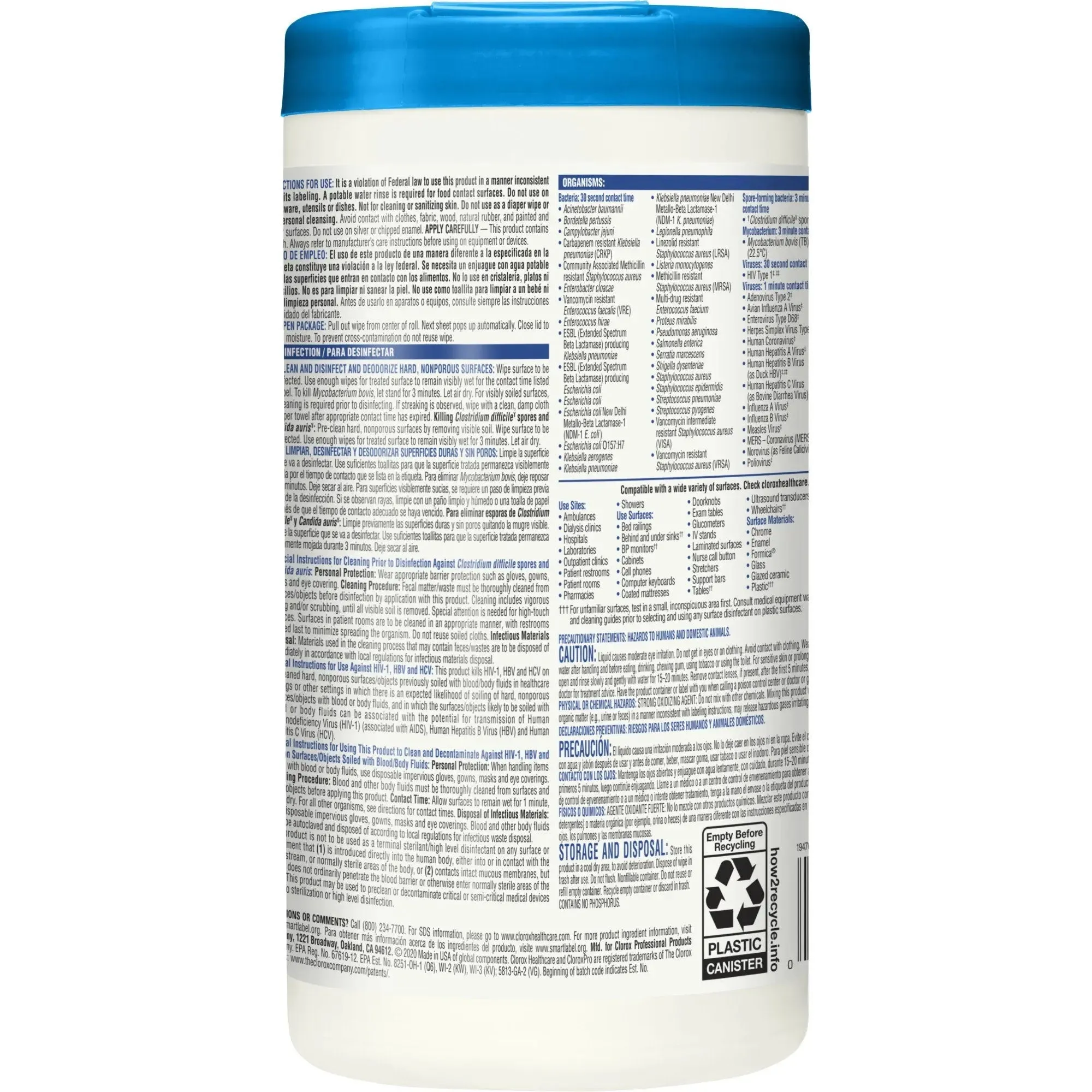 Clorox Healthcare Surface Disinfectant Cleaner, Chlorine Scent, Nonsterile, 6.75 X 9 Inch, Canister