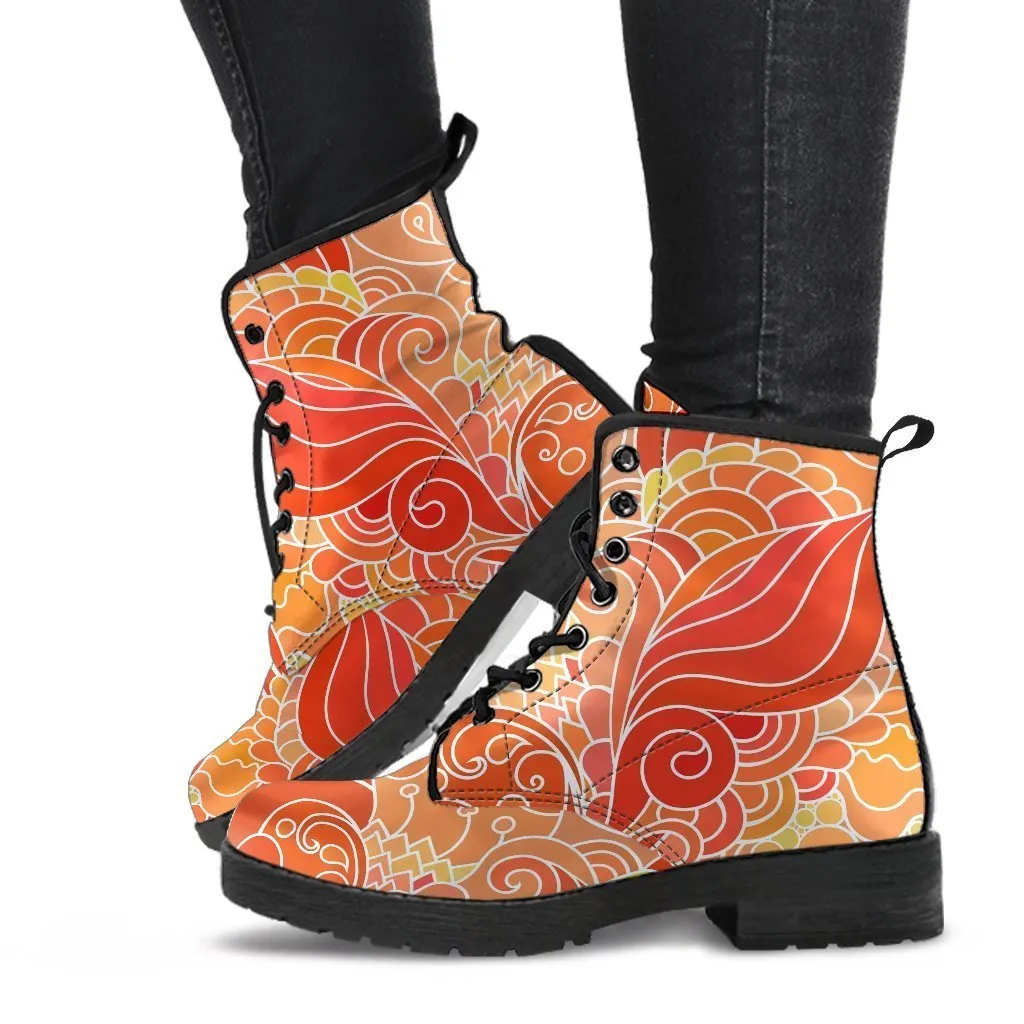 Combat Boots - Beautiful Orange Doodle | Vegan Leather Lace Up Boots, Handmade Lace Up Boots, Aesthetic Shoes, Sorority Shoes, Women's Boots
