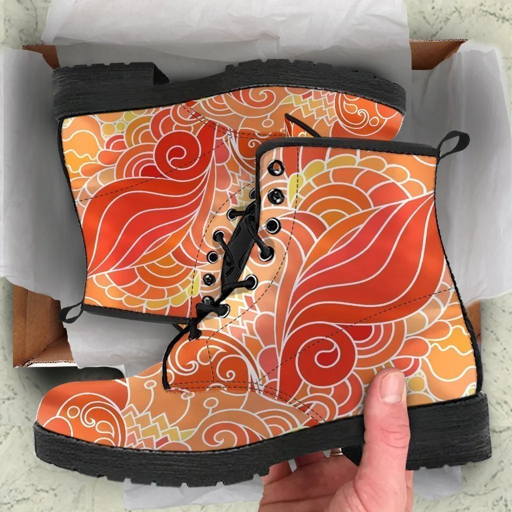 Combat Boots - Beautiful Orange Doodle | Vegan Leather Lace Up Boots, Handmade Lace Up Boots, Aesthetic Shoes, Sorority Shoes, Women's Boots