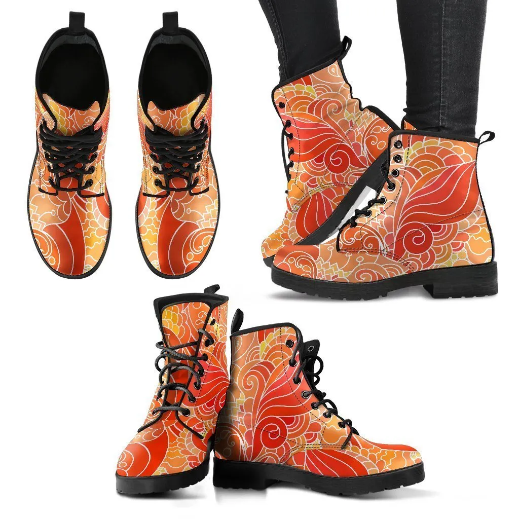 Combat Boots - Beautiful Orange Doodle | Vegan Leather Lace Up Boots, Handmade Lace Up Boots, Aesthetic Shoes, Sorority Shoes, Women's Boots