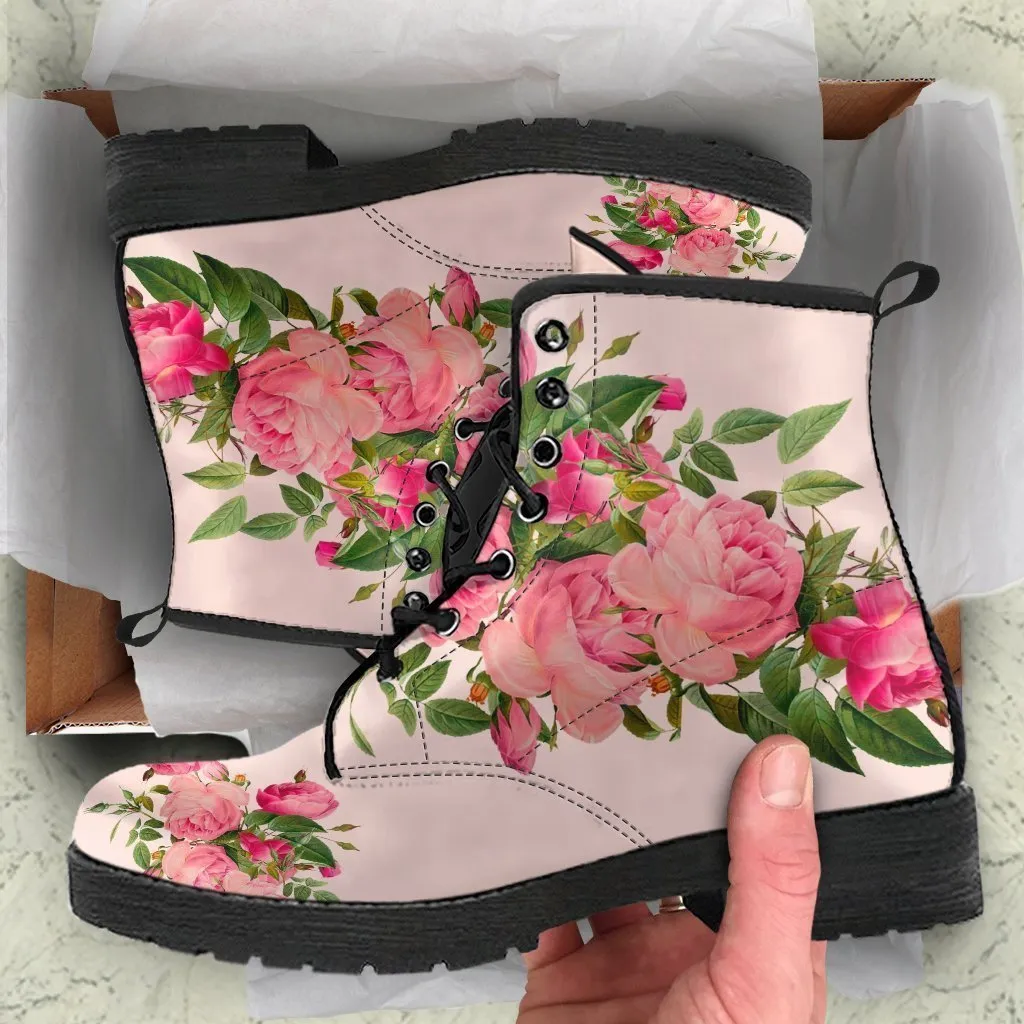 Combat Boots - Vintage Roses (Nude Pink) | Blush Pink Flat Shoes, Vegan Leather Lace Up Boots, Handmade Lace Up Boots, Women's Boots, Custom