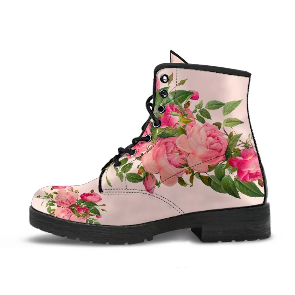 Combat Boots - Vintage Roses (Nude Pink) | Blush Pink Flat Shoes, Vegan Leather Lace Up Boots, Handmade Lace Up Boots, Women's Boots, Custom