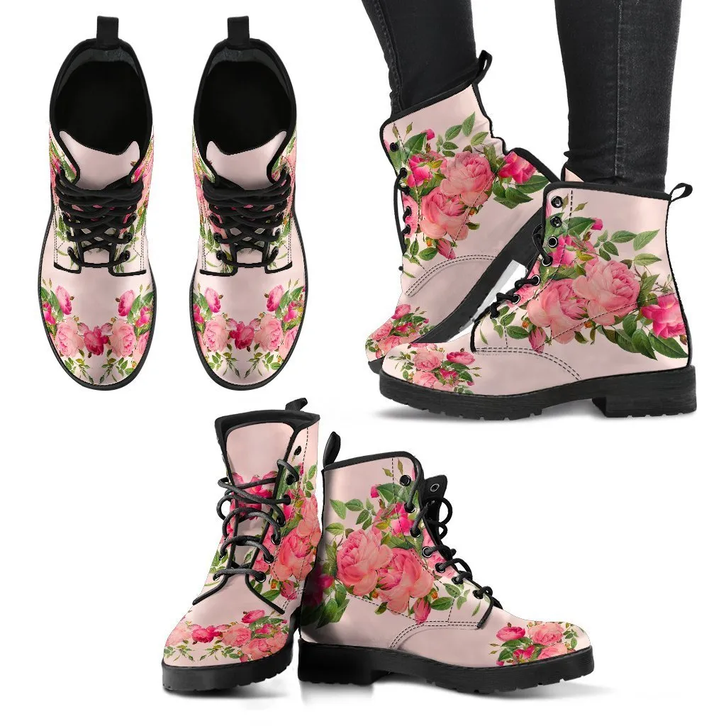 Combat Boots - Vintage Roses (Nude Pink) | Blush Pink Flat Shoes, Vegan Leather Lace Up Boots, Handmade Lace Up Boots, Women's Boots, Custom