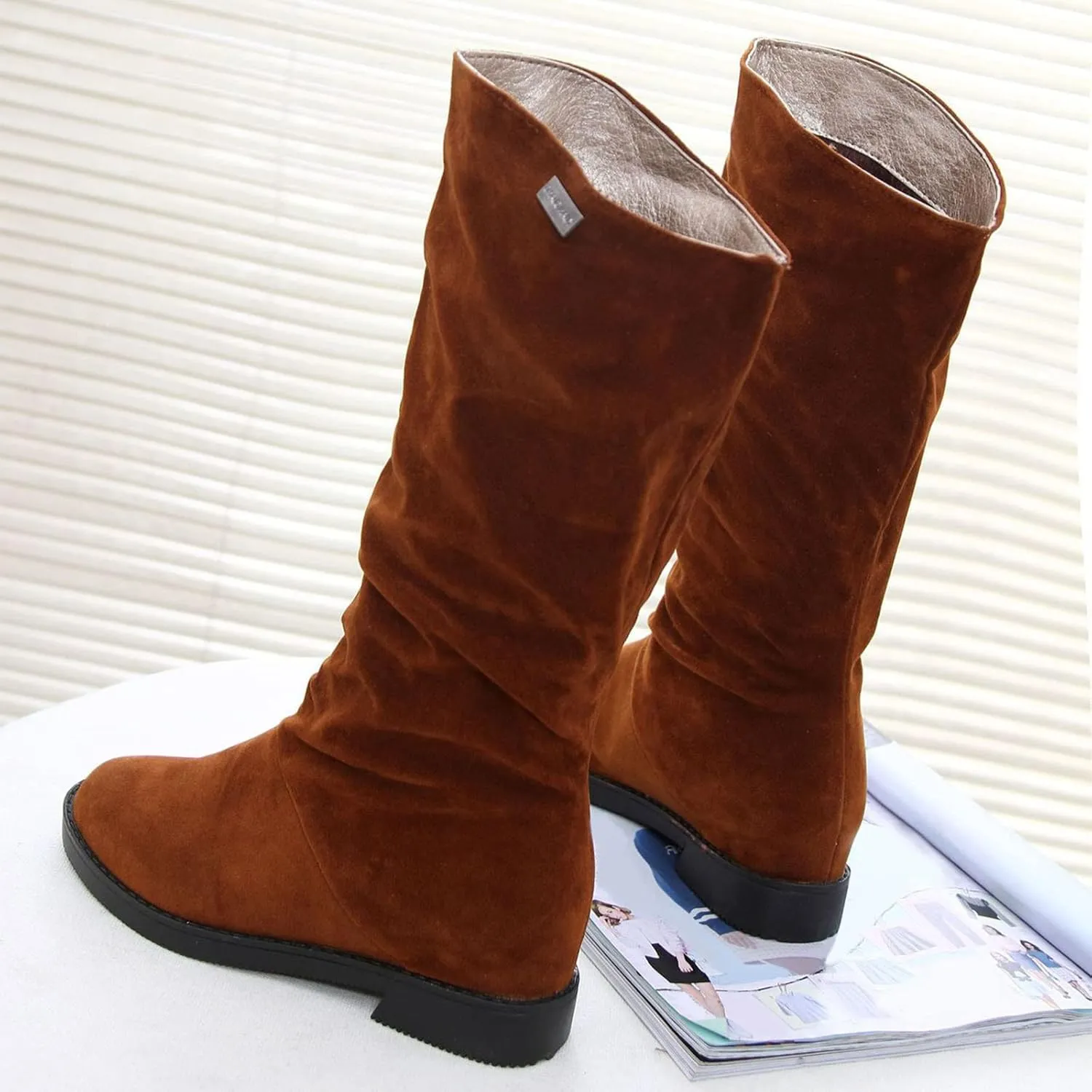 Combat Boots Womens Suede Flats Thigh High Boots Pull On Knee High Boots Mid Calf Fall Winter Warm Boots