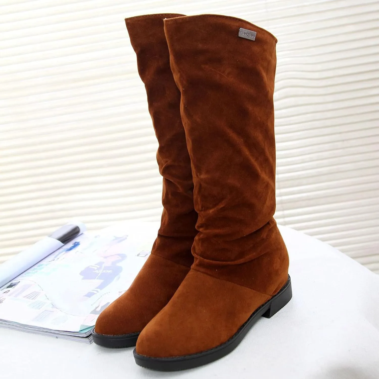 Combat Boots Womens Suede Flats Thigh High Boots Pull On Knee High Boots Mid Calf Fall Winter Warm Boots