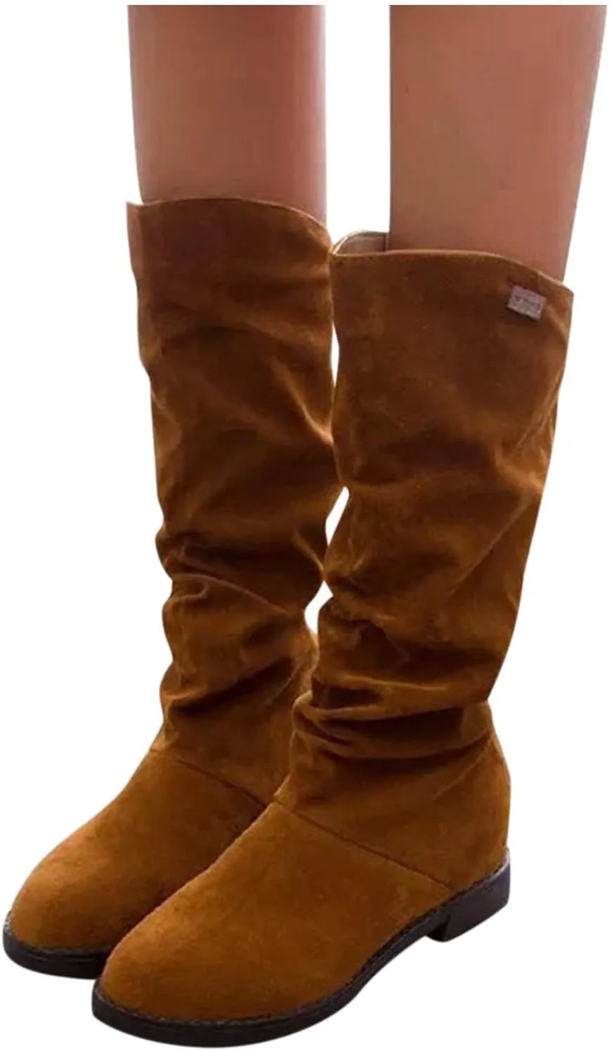 Combat Boots Womens Suede Flats Thigh High Boots Pull On Knee High Boots Mid Calf Fall Winter Warm Boots