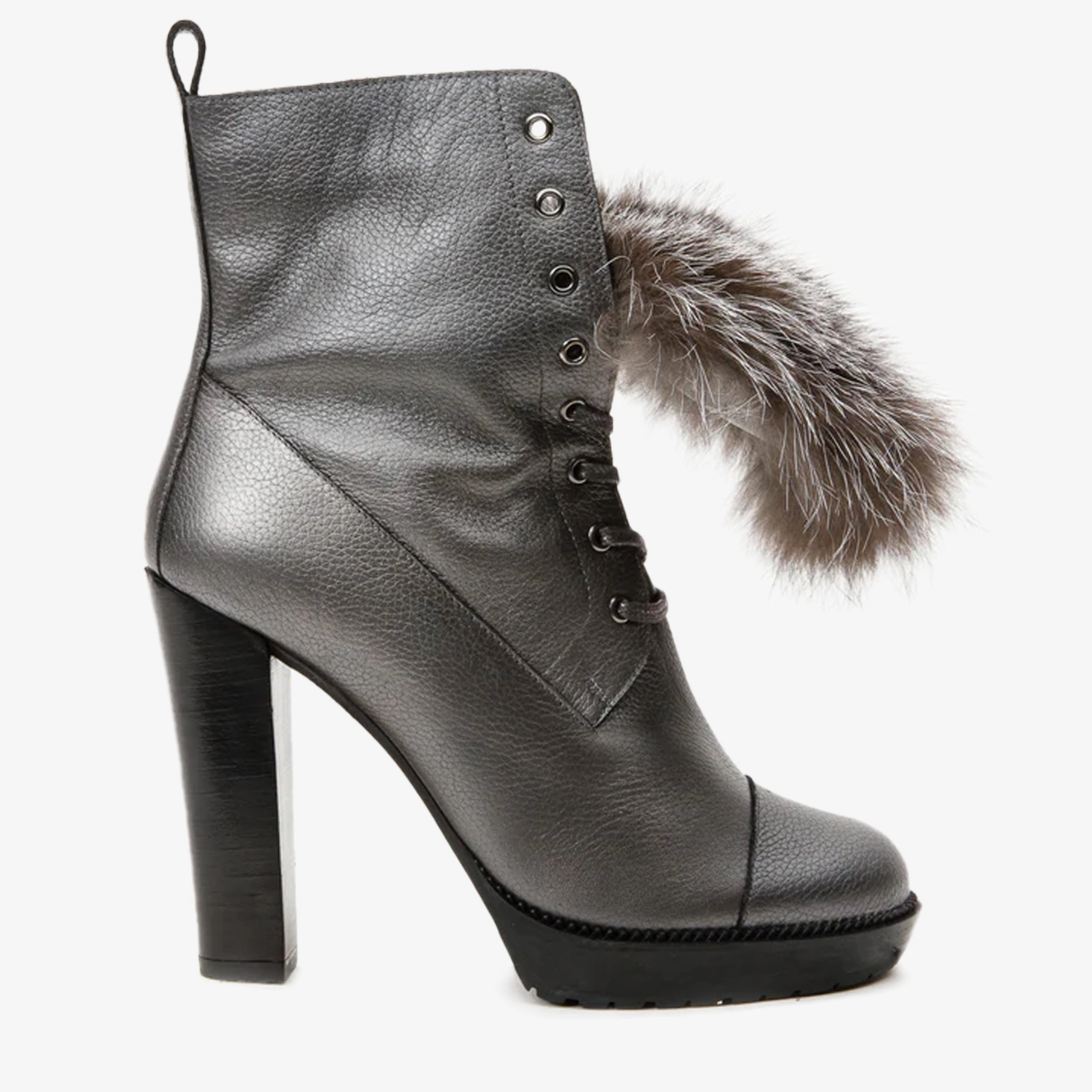 Stable Support Adventure Journey Low Heel The Melo Gray Leather Natural Fur Mid Calf Platform Heel Women Boot