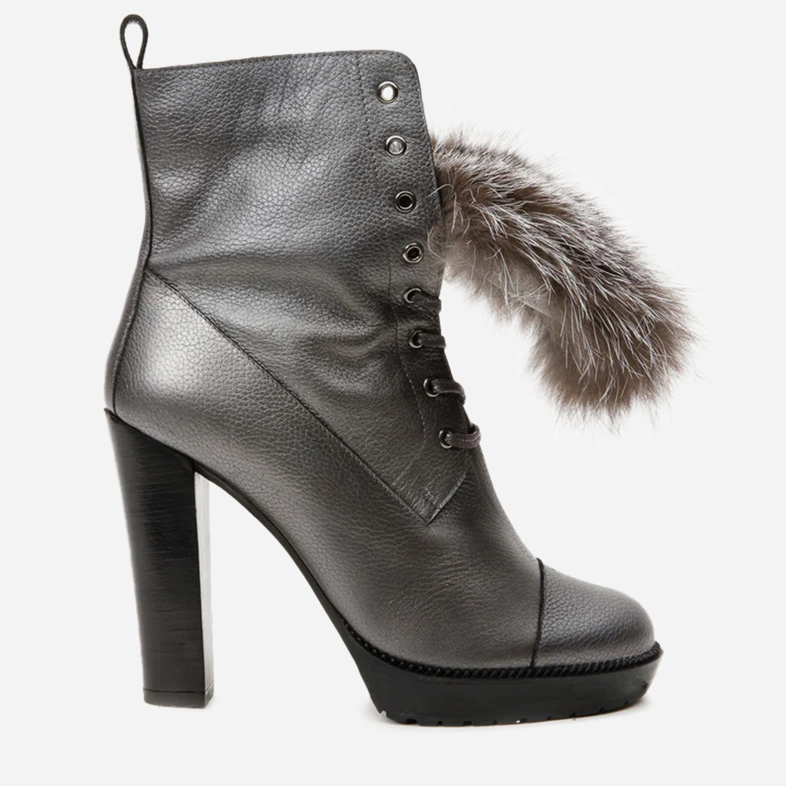 Slip Resistant Hiking Trails Flexible structure The Melo Gray Leather Natural Fur Mid Calf Platform Heel Women Boot
