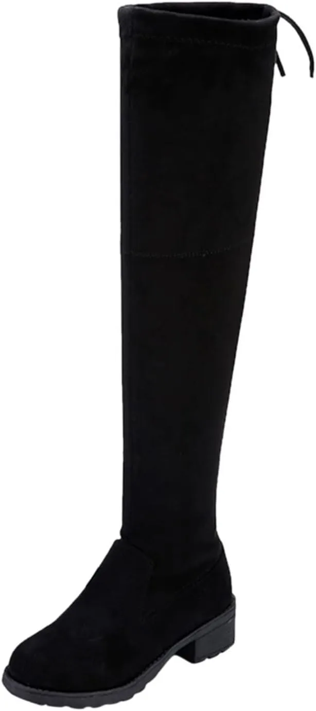 Cowboy Boots For Women Strap Back Over Knee Boots Suede Long Boots Comfort Chunky Heels Thigh High Dress Boots