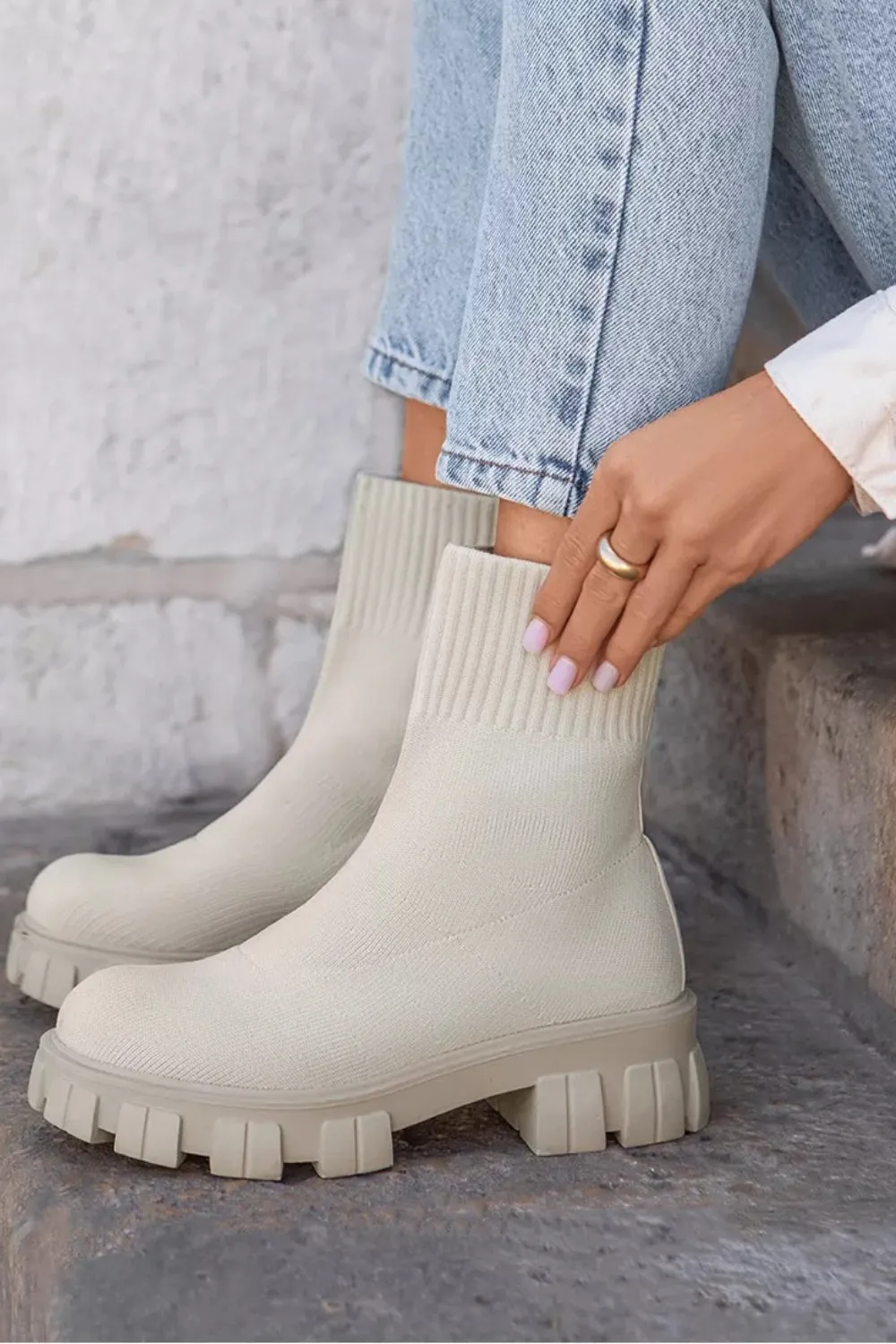 Cream Knitted Sock Pull On Chunky Ankle Boot